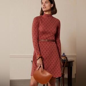 Boden High Neck Petal Geo Jacquard Long Sleeve Dress in Terracotta Rust Color